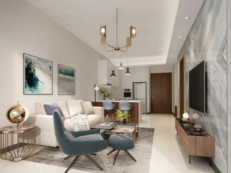 Living features: cream fabric sofa, 2 blue accent chairs, marble coffee table, decorative side table with gold base, wall-mounted TV, wooden TV console, recessed downlights, chandelier with multiple arms, abstract artwork on walls, greenery in decorative pots, grey area rug, light-colored walls with subtle texture, marble accent wall; style: modern.