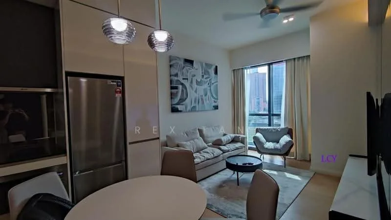 Living features: 3-seater fabric sofa in light grey, accent chair in light grey, round dining table with white surface, 4 dining chairs, wall-mounted TV, refrigerator, pendant lighting, ceiling fan, floor-to-ceiling windows, curtains, abstract artwork on wall, light wood flooring; style: modern; view: city.