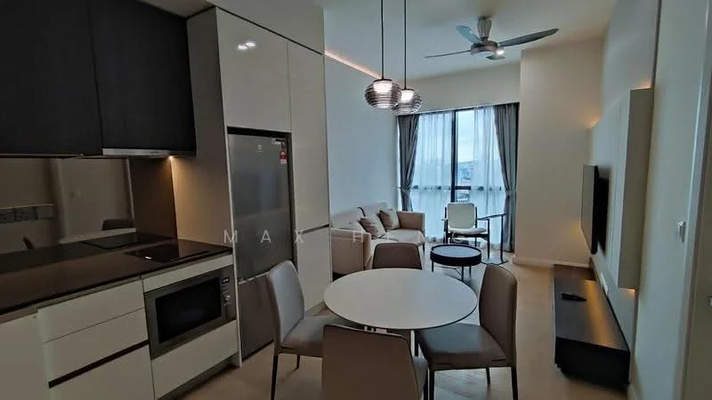 Living features: grey sofa, coffee table, wall-mounted TV, TV console, dining table for 4, 4 dining chairs, ceiling fan, recessed lighting, floor-to-ceiling windows with sheer curtains, light wood flooring, white painted walls, decorative wall paneling; style: modern; view: city. Kitchen features: white cabinetry, black countertop, stainless-steel fridge, built-in microwave, built-in oven, induction cooktop, single-bowl stainless-steel sink, chrome pull-down faucet, open shelving; style: modern.