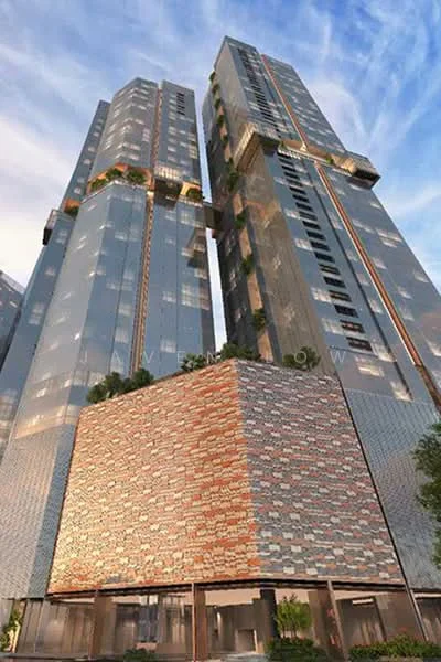 Exterior type: high-rise condominium; features: glass curtain wall, exposed brick facade, vertical fins, recessed balconies, feature lighting at night, approximately 30-storey high-rise, manicured landscaping, surrounded by mature greenery; style: modern.