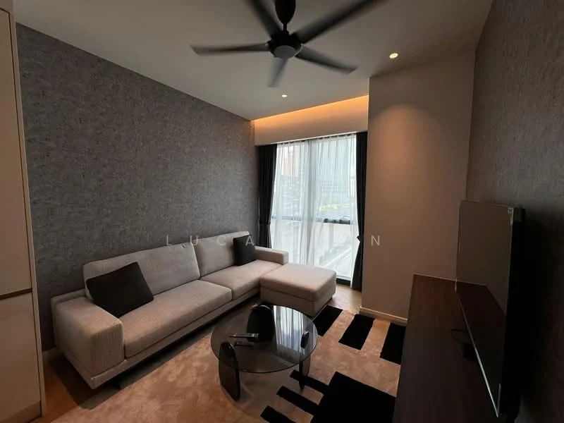 Living features: 3-seater fabric sofa in light grey, coffee table with glass top, wall-mounted TV, black area rug with geometric pattern, floor-to-ceiling windows with sheer curtains, ceiling fan with light, accent wall with textured grey wallpaper, recessed lighting, light-colored carpet flooring; style: modern; view: city.