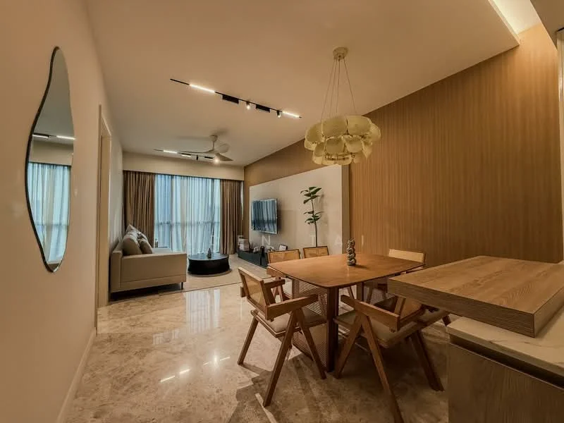 Dining features: dining table with wooden surface, 4 wooden dining chairs, pendant light fixture, marble flooring, wall with wood paneling, floor-to-ceiling windows with sheer curtains, TV mounted on wall, sofa in light grey fabric, decorative plant in pot, ceiling fan; style: modern.