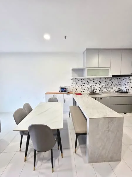 Kitchen features: white cabinetry, marble countertop, grey upholstered dining chairs, white dining table, black and white patterned backsplash, stainless-steel sink, built-in oven, 4-burner gas hob, microwave, tile flooring, recessed downlights; style: modern.