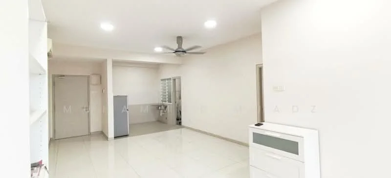 Living features: white painted walls, glossy white tile flooring, 5-blade ceiling fan with light, recessed LED downlights, built-in shelving unit, open layout, sliding glass door, neutral decor; style: modern. Room features: white painted walls, glossy white tile flooring, open layout.