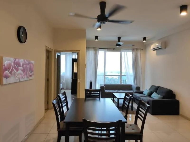 Living features: 3-seater fabric sofa in dark grey, 2-seater fabric sofa in light grey, dining table with 6 wooden chairs, floor-to-ceiling windows, sheer curtains, wall-mounted split AC, 5-blade ceiling fan with light, recessed downlights, white painted walls, tile flooring, decorative wall clock, framed artwork with floral design; style: modern; view: city.