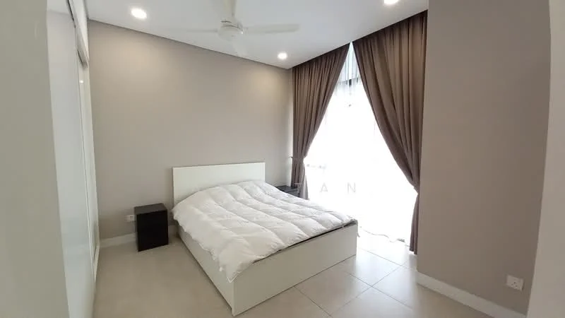 Bedroom features: queen-size bed with white bedding, floor-to-ceiling window with sheer curtains, light brown painted walls, white tiled flooring, ceiling fan, dark wood bedside table, built-in wardrobe with sliding doors, natural light from window; style: modern.