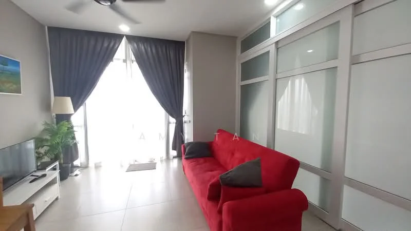 Living features: red fabric sofa, 2 grey throw pillows, white TV console, wall-mounted TV, laminate flooring, floor-to-ceiling windows, sheer curtains, dark grey drapes, ceiling fan, decorative plant in ceramic pot, light grey walls, recessed lighting; style: modern; view: city.