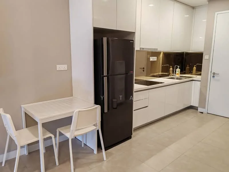 Kitchen features: white cabinetry, black stainless-steel fridge, built-in oven, double-bowl stainless-steel sink, chrome pull-down faucet, black countertop, glass backsplash, tile flooring, recessed downlights, small dining table with two chairs; style: modern.