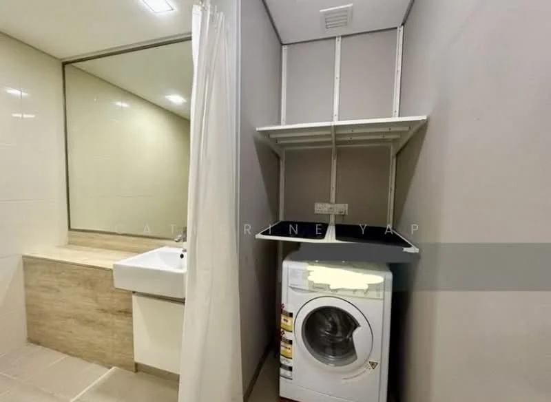 Laundry features: white washing machine, single-bowl sink, shelf above washing machine, light-colored wall tiles, light-colored floor tiles, curtain for privacy, countertop next to sink, neutral wall color; style: modern.