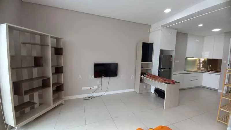 Living features: white painted walls, tile flooring, built-in shelving unit, wall-mounted TV, refrigerator, kitchen countertop, kitchen cabinets, dining table, orange accent chair; style: modern.