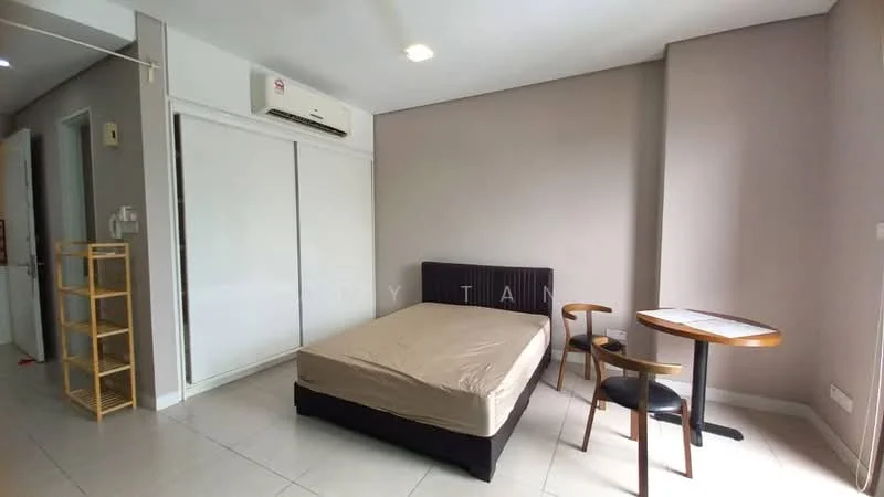 Bedroom features: queen-size bed, white walls, light grey accent wall, floor-to-ceiling sliding wardrobe, 1 wall-mounted split AC, tile flooring, wooden side table, 2 wooden chairs, recessed downlights; style: modern.