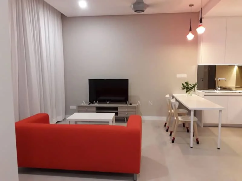 Living features: red fabric sofa, white coffee table, TV console, wall-mounted TV, white dining table, two dining chairs, pendant lighting, recessed downlights, light grey walls, light grey flooring, floor-to-ceiling curtains; style: modern. Kitchen features: stainless-steel sink, chrome pull-down faucet, white cabinetry, built-in oven, freestanding range oven, refrigerator, countertop, open layout; style: modern.