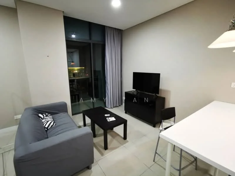 Living features: grey fabric sofa, black coffee table, black TV console, wall-mounted TV, floor-to-ceiling windows, curtains, tile flooring, recessed downlights, open layout to kitchen, decorative cushion; style: modern; view: city.