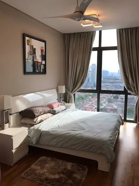 Bedroom features: king-size bed with white headboard, grey bedding with pink accent pillows, nightstand with lamp, 5-blade ceiling fan with integrated LED light, floor-to-ceiling windows, curtains in light grey, wooden flooring, area rug with neutral color; style: modern; view: city.