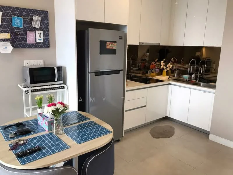 Kitchen features: white high-gloss cabinetry, black countertop, stainless-steel fridge, built-in microwave, single-bowl stainless-steel sink, chrome pull-down faucet, ceramic tile flooring, recessed downlights, kitchen island with seating, decorative flowers on table, blue patterned table mat, dining table with chairs; style: modern.