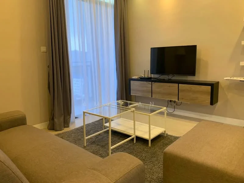 Living features: beige fabric sofa, white coffee table with glass top, TV console with wooden drawers, wall-mounted flat-screen TV, grey area rug, floor-to-ceiling windows with sheer curtains, light brown painted walls, recessed downlights; style: modern; view: city.