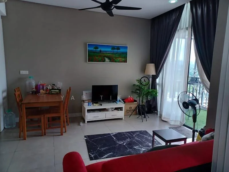 Living features: red fabric sofa, black marble area rug, wooden dining table with four chairs, wall-mounted TV, white TV console, floor lamp, ceiling fan, large sliding glass door, curtains, decorative painting on wall, greenery view from balcony; style: modern; view: garden.