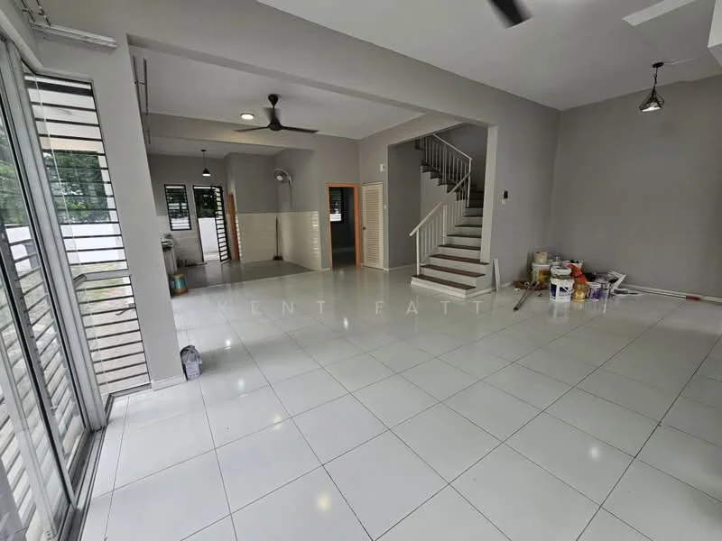 Living features: white painted walls, polished ceramic tile flooring, 5-blade ceiling fan, recessed downlights, large sliding glass door, window with horizontal slats, staircase with wooden handrail, open layout, natural light from windows, neutral color scheme; style: modern; view: garden.