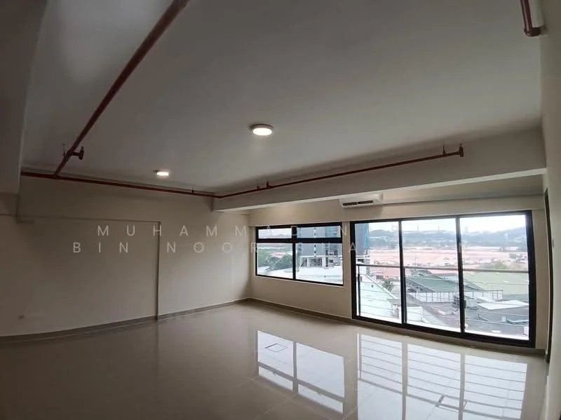 Room features: white painted walls, polished ceramic tile flooring, exposed ceiling with pipes, recessed downlights, floor-to-ceiling windows, sliding glass door, city view, wall-mounted split AC; style: modern; view: city.
