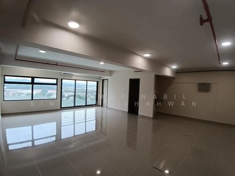 Room features: large floor-to-ceiling windows, grey tiled flooring, white painted walls, recessed LED downlights, exposed ceiling with pipes, wall-mounted air conditioning unit, open layout, city view; style: modern; view: city.