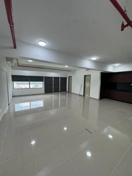 Room features: glossy ceramic tile flooring, white painted walls, recessed downlights, floor-to-ceiling windows, blackout roller blinds, exposed ceiling with red piping, wall-mounted air conditioning unit, built-in cabinetry, open layout; style: modern; view: city.