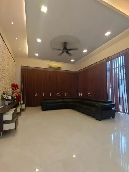 Living features: cream painted walls, exposed stone accent wall, polished ceramic tile flooring, 5-blade ceiling fan with light, recessed downlights, floor-to-ceiling windows with sheer curtains, dark leather sectional sofa, decorative plants in pots, wooden console table; style: modern.
