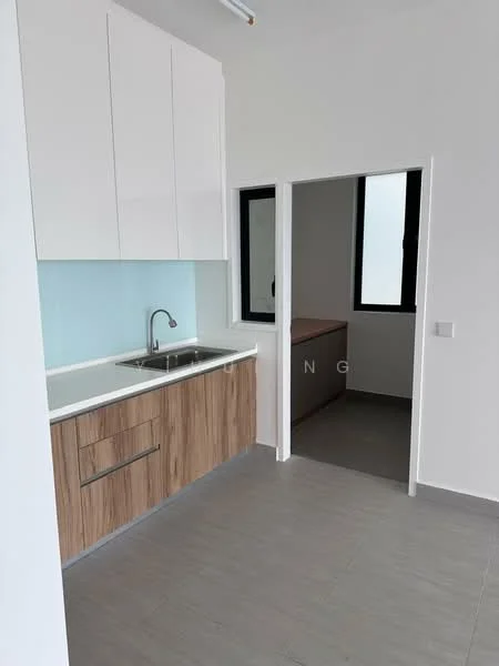 Kitchen features: single-bowl stainless-steel sink, chrome pull-down faucet, white upper cabinets, wood lower cabinets, light blue backsplash, grey tile flooring, two windows, countertop with space for appliances, open layout to adjacent room; style: modern. Room features: light grey walls, doorway leading to another room.