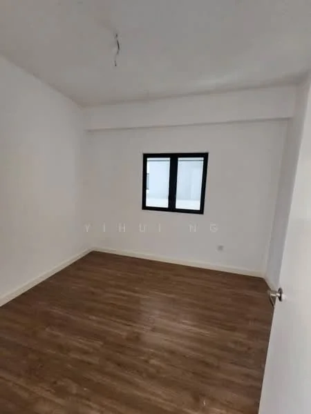 Room features: white painted walls, laminate flooring, single window, ceiling light fixture, no visible furniture; style: minimalist.