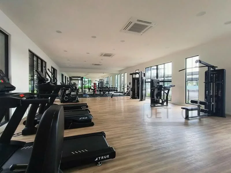Gym features: treadmills, weightlifting machines, free weights, exercise mats, large windows, wooden flooring, air conditioning units, mirrored wall, fitness equipment, cardio machines; style: modern; view: garden.