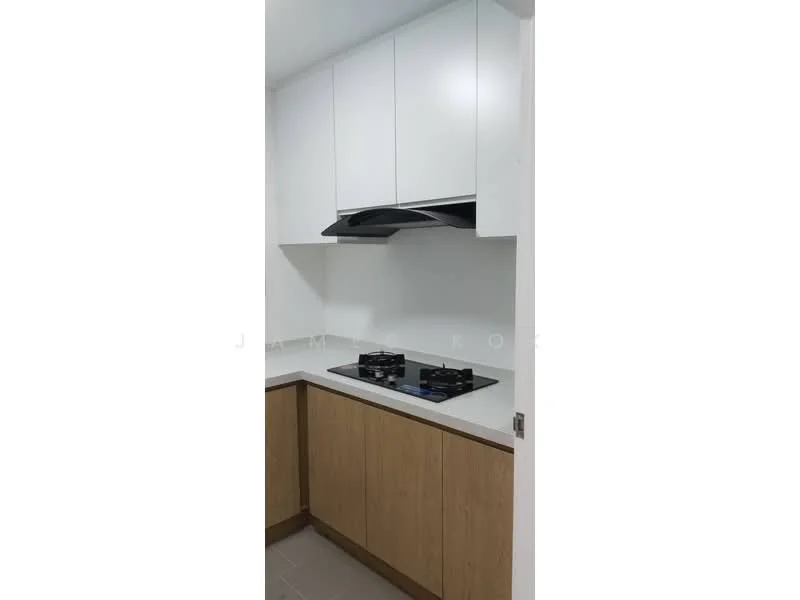 Kitchen features: white upper cabinets, wood lower cabinets, stainless-steel range hood, 2-burner gas hob, white countertop, white tiled backsplash, grey tile flooring, recessed downlights; style: modern.