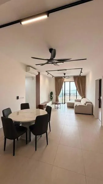 Living features: large floor-to-ceiling windows, sliding glass door, beige curtains, 5-blade ceiling fan with light, white painted walls, light-colored tile flooring, sofa in white fabric, round dining table with marble top, 4 black dining chairs, decorative indoor plant, recessed LED downlights; style: modern; view: city.