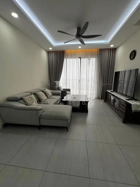 Living features: 3-seater fabric sofa in grey, 2-seater fabric sofa in grey, coffee table, wall-mounted TV, TV console, floor-to-ceiling windows, sheer curtains, recessed LED downlights, 5-blade ceiling fan, light-colored tiled flooring, decorative wall clock, neutral painted walls; style: modern.