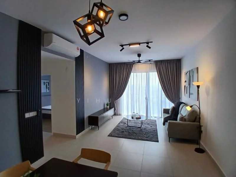 Living features: light grey walls, dark grey accent wall, floor-to-ceiling windows, sheer curtains, 5-blade ceiling fan with light, recessed downlights, 3-seater fabric sofa in light grey, coffee table, area rug with geometric pattern, TV console, wall-mounted TV, decorative floor lamp; style: modern; view: city. Dining features: wooden dining table, 4 dining chairs; style: modern.