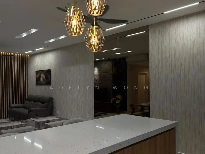 Living features: grey fabric sofa, glass coffee table, wooden side table, pendant lighting with geometric design, recessed LED downlights, textured wallpaper, wood panel accent wall, decorative wall art, mirrored wall section, area rug with geometric pattern; style: modern.