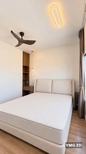 Bedroom features: queen-size bed, upholstered headboard, wooden shelving unit, wall-mounted reading lights, 5-blade ceiling fan, light fixture, curtains, laminate flooring, white painted walls; style: modern.