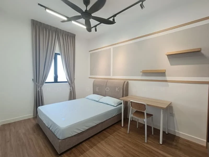 Bedroom features: queen-size bed with upholstered headboard, light grey bedding, wooden flooring, white painted walls, accent wall with horizontal wood paneling, floor-to-ceiling window with sheer curtains, ceiling fan with light, floating shelf, study desk with chair; style: modern.