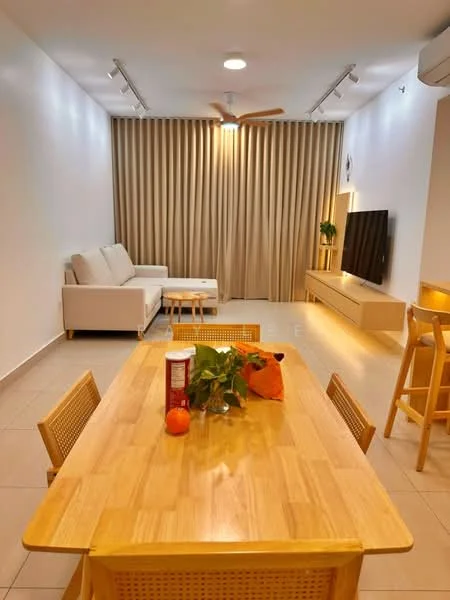 Living features: light grey fabric sectional sofa, wooden coffee table, wall-mounted TV, light wood TV console, dining table with 4 wooden chairs, orange fruit on table, green plant in pot, recessed LED downlights, ceiling fan with light, beige curtains, white painted walls, light tile flooring; style: modern.
