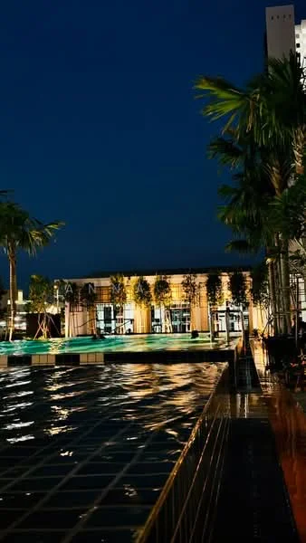 Exterior type: swimming pool deck; features: infinity pool, pool deck with loungers, landscaped greenery, palm trees, outdoor lighting, water feature, glass facade of building, reflections on water surface; style: modern.