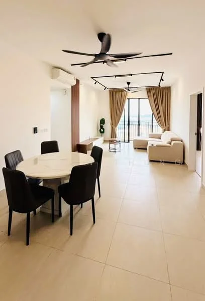 Living features: large floor-to-ceiling windows, sliding glass door, beige curtains, 5-blade ceiling fan with light, cream painted walls, light-colored tile flooring, sofa in light color, round dining table, black dining chairs, indoor plant, open layout, view of city skyline; style: modern; view: city.
