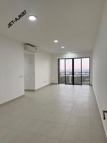 Living features: white painted walls, tile flooring, 5-blade ceiling fan with light, floor-to-ceiling windows, sliding glass door, balcony access, wall-mounted split AC, neutral color scheme; style: modern; view: city.