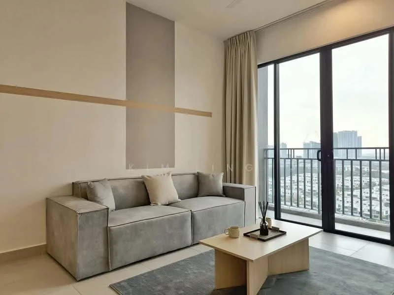 Living features: grey fabric sofa, square coffee table, area rug, floor-to-ceiling windows, curtains, city skyline view, light-colored walls, tile flooring; style: modern; view: city.