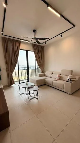 Living features: 3-seater fabric sofa in light beige, coffee table with metal legs, floor-to-ceiling sliding glass door, curtains in light brown, ceiling fan with light, recessed LED downlights, neutral tiled flooring, decorative plant in pot, wall-mounted TV console; style: modern; view: city.