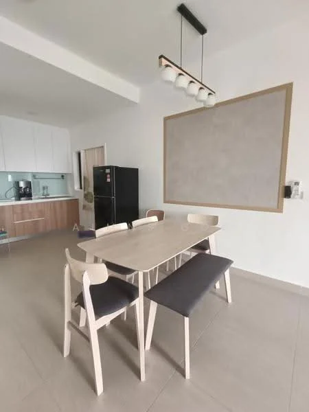 Dining features: rectangular dining table with light wood finish, bench seating with dark cushion, 4 wooden dining chairs, pendant light fixture with 5 bulbs, white walls, light grey accent wall, tile flooring, built-in cabinetry with wood finish, black refrigerator, open layout to kitchen area; style: modern.