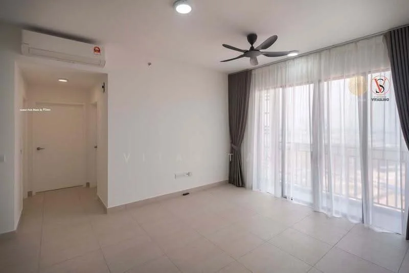 Living features: light-colored painted walls, tile flooring, 5-blade ceiling fan with light, floor-to-ceiling windows, sheer curtains, dark grey curtains, wall-mounted split AC, neutral color scheme; style: modern; view: city. Room features: white door, light switch, neutral color scheme.