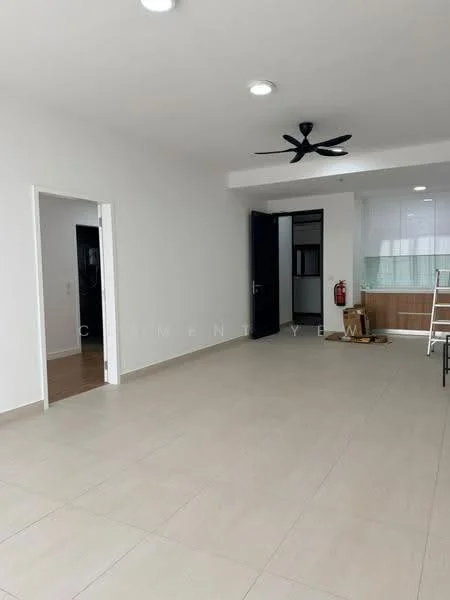 Room features: white painted walls, light beige tile flooring, recessed downlights, 5-blade ceiling fan, open layout, doorway leading to another room, doorway leading to a hallway, fire extinguisher mounted on wall, ladder, window with natural light; style: modern.