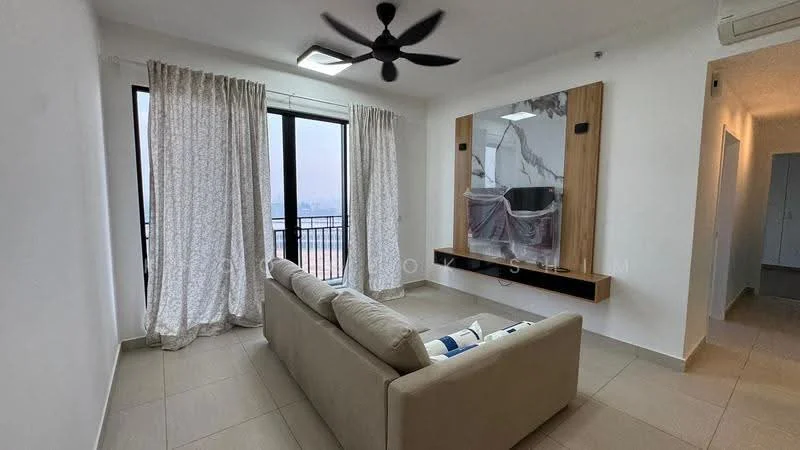 Living features: 3-seater fabric sofa in beige, ceiling fan with light, floor-to-ceiling windows, sheer curtains, wall-mounted TV, wooden TV console, marble accent wall, light-colored tile flooring, recessed lighting, neutral painted walls; style: modern; view: city.