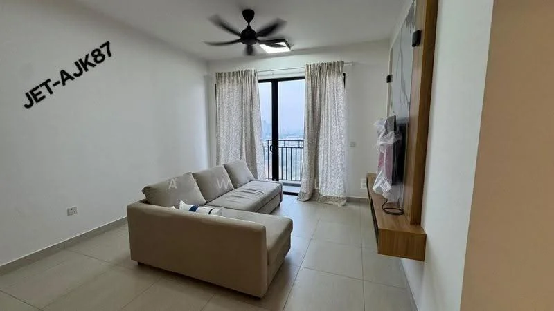 Living features: light grey fabric sofa, ceiling fan, floor-to-ceiling windows, sheer curtains, wooden TV console, wall-mounted TV, decorative wall art, neutral painted walls, tile flooring; style: modern; view: city.