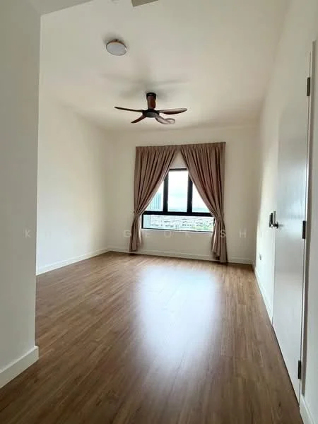Room features: wooden flooring, white painted walls, ceiling fan, curtains, window with view, light fixture, baseboards; style: modern; view: city.