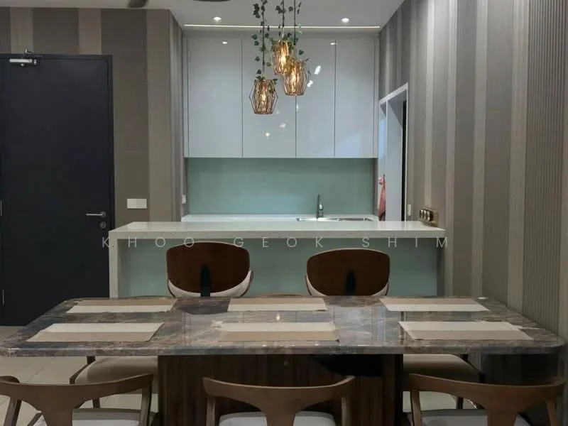 Dining features: marble dining table, 4 upholstered dining chairs, striped wallpaper, pendant lighting with glass shades, white cabinetry, light green backsplash, single-bowl stainless-steel sink, recessed downlights, open kitchen layout; style: modern.