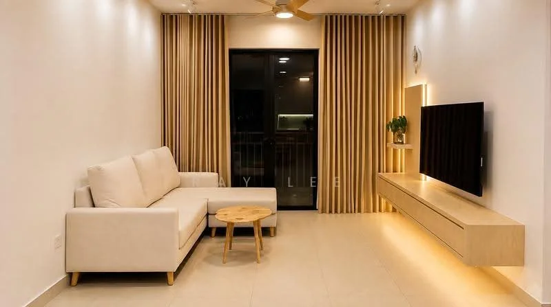 Living features: L-shape sectional sofa in cream, wooden coffee table, wall-mounted TV, floating TV console, recessed LED lighting, floor-to-ceiling windows, sheer curtains, ceiling fan, light-colored tiled flooring, decorative plant in ceramic pot; style: modern.